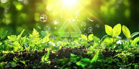 Green tech background with eco-themed icons and a digital display on environmental solutions.