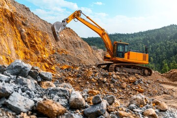 Excavator Digging at a Construction Site, Heavy Machinery Working on Rocky Terrain Surrounded by Forest and Blue Sky with Clouds