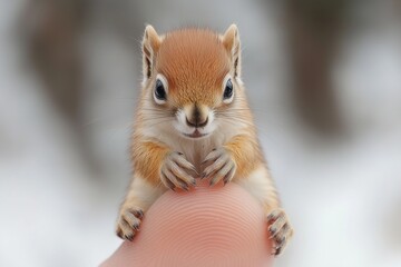 Tiny Realistic Squirrel on a Finger, High-Resolution Lifelike Image
