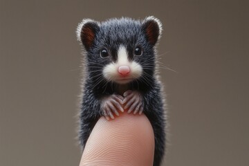 Tiny Realistic Skunk on a Finger, High-Resolution Lifelike Capture