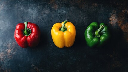 Trio of colorful whole bell peppers arranged symmetrically with a shiny red pepper, a bright yellow pepper, and a fresh green pepper against a dark background.