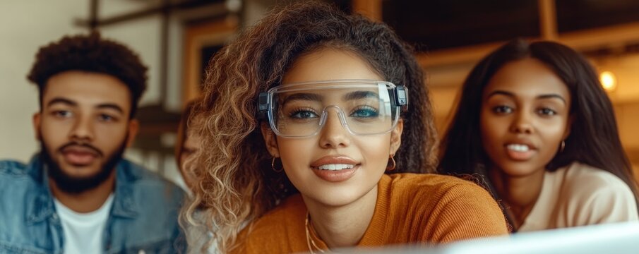 Diverse Team Brainstorming with AR Glasses A Dynamic Composition Showing Collaborative Tech Workspace Innovation Multi-ethnic Professionals Collaborate Using Augmented Reality for Enhanced Ideation