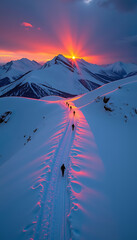 Winter sunrise snowy mountains pink blue hikers scenic landscape adventure freedom 