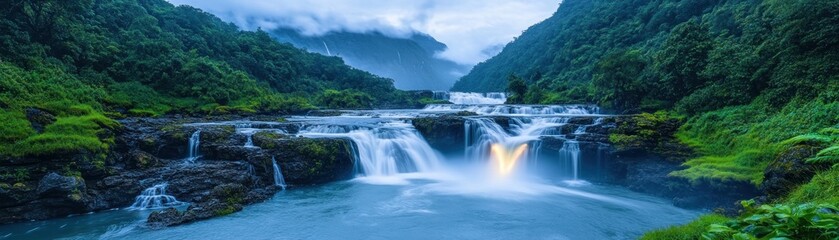 Fototapeta premium Enthralling Surreal Rivers of Glowing Liquid, Splitting into Radiant Waterfalls Amidst a Lush, Vibrant Jungle Paradise A Breathtaking Display of Nature's Mystical Beauty, Captured in High-Resolution