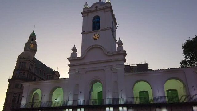 The Cabildo, illuminated landmark of Buenos Aires Colonial City at Sunset