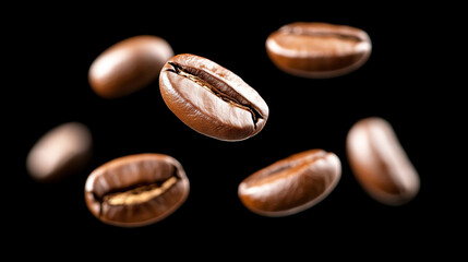 Obraz premium Floating coffee beans on black background: detailed close-up