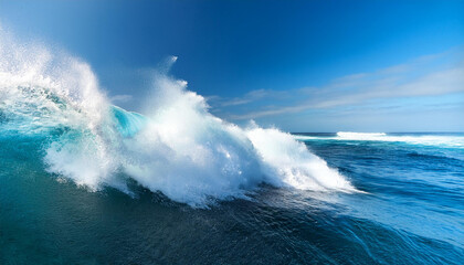 Naklejka premium massive wave crashing in the ocean with white foam and blue water