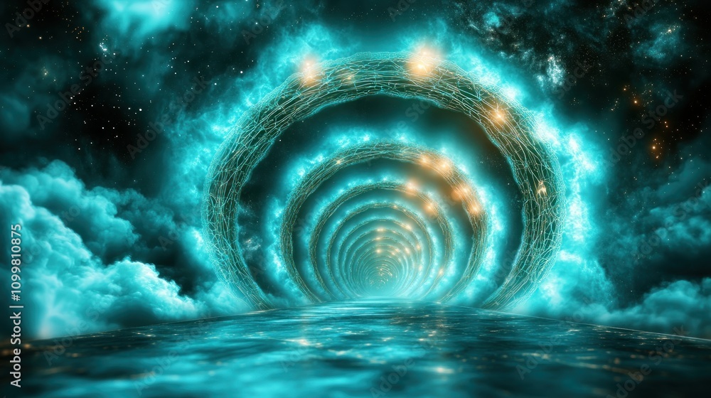 Poster glowing fractal bridges diverging over a cosmic void a visual representation of alternative paths an