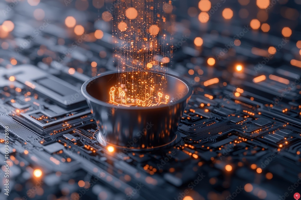 Poster futuristic digital bowl capturing glowing data streams from a circuit board, representing technology