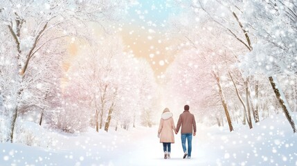 Obraz premium A couple walking hand-in-hand through a snowy, winter landscape.