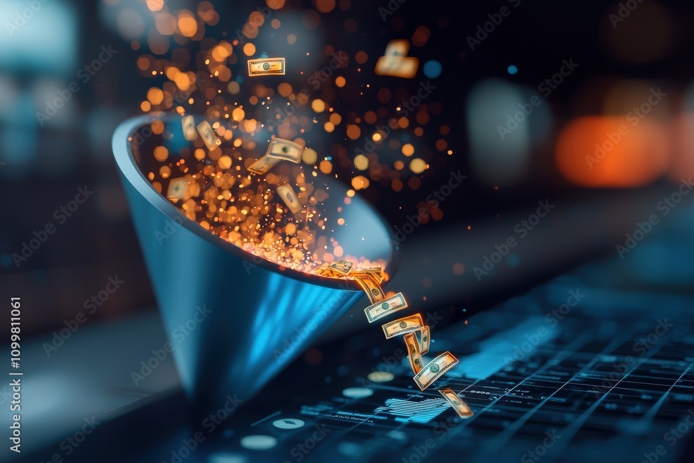 Poster a dynamic flow of currency pouring from a funnel with bokeh lights, capturing the essence of wealth 