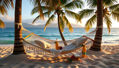 Tropical beach hammock relaxation beige brown sunset tranquility vacation

