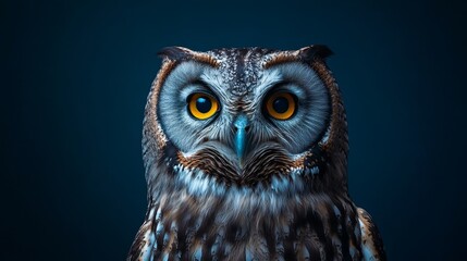 Fototapeta premium Close up owl with large yellow eyes staring forward, dark blue background, intricate feather details, owl portrait photography