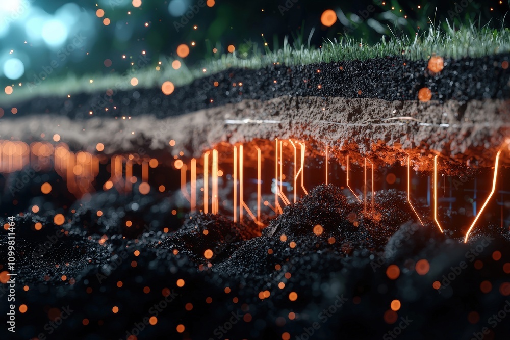 Poster abstract concept of soil layers with glowing elements representing hidden energy sources and environ