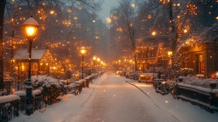 A snowy street illuminated by warm lights in a winter wonderland.
