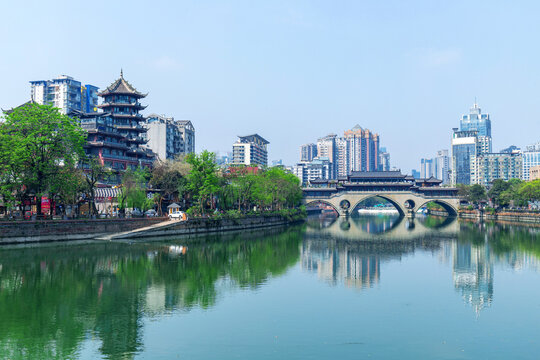 View of Anshun corridor bridge in Jinjiang District, Chengdu, Sichuan, China