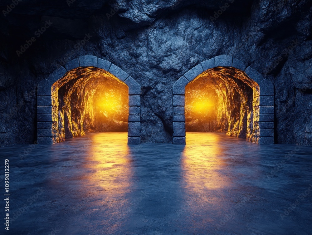 Poster two glowing arches in a dark cavern a symbolic representation of contrasting choices, pathways, and 