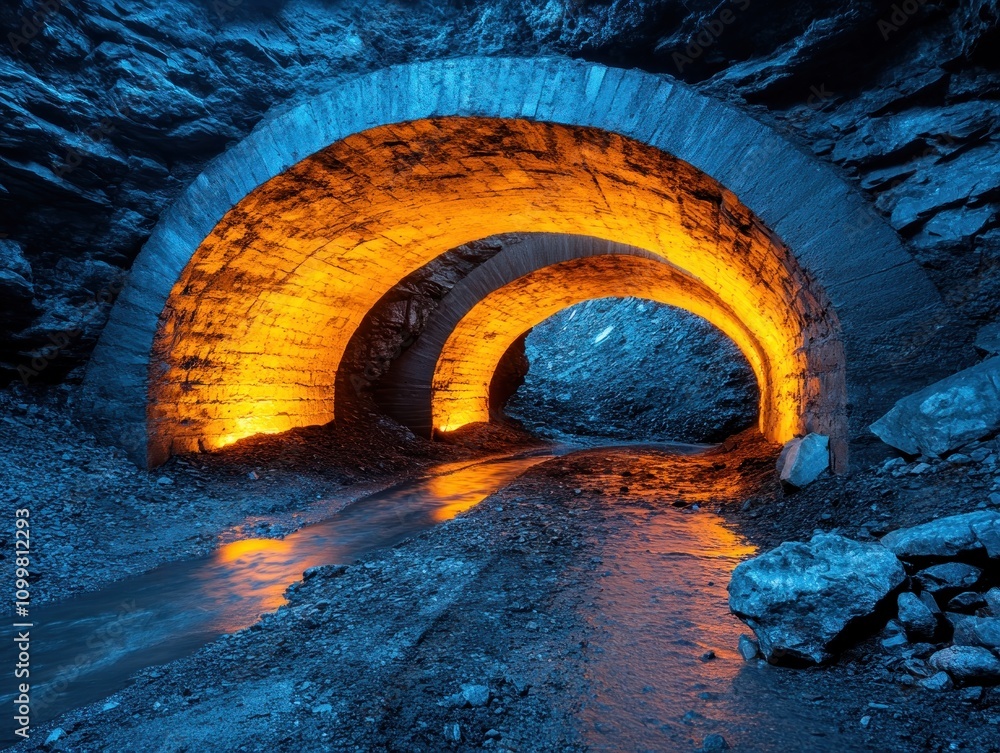 Poster two glowing arches in a dark cavern a symbolic representation of contrasting choices and paths explo