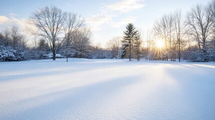 Winter sunrise over snow-covered pine trees, casting long shadows and warm light across the pristine snowy landscape.