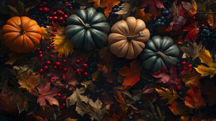 Fototapeta premium Background with pumpkin and leaf ornaments for Thanksgiving Day