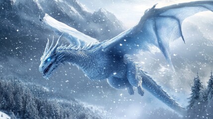 Fototapeta premium Majestic Ice Dragon Soaring Through Snowy Mountains