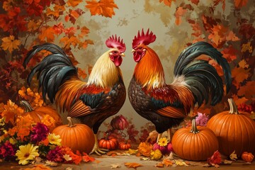 Thanksgiving illustration showing turkeys, pumpkins, and flowers.