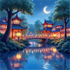 Obraz premium Tranquil theme park at night. Lanterns illuminate area. Reflections on lake beautiful. Water flows calmly under bridge. Charming Asian-inspired buildings visible. Evening light casts dreamy