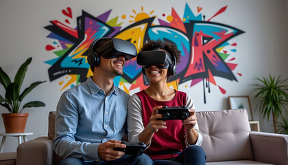 Happy couple virtual reality gaming blue red joyful leisure technology fun 
