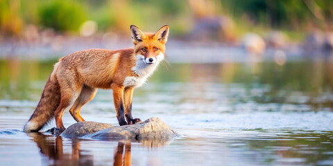 A beautiful red fox standing gracefully on a few stones, with its fiery orange-red fur contrasting against the rugged background.