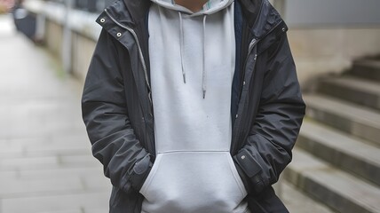 A person can be seen wearing a grey hoodie along with a black jacket