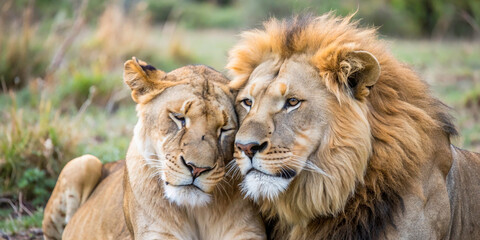 Fototapeta premium The male and female lions, with their majestic manes and golden fur, stand close together in a serene setting, perhaps in the savanna or a sunlit field.
