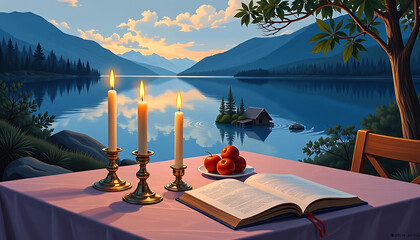Serene lakeside scene candles book apples tranquil sunset warm gold red peaceful reflection
