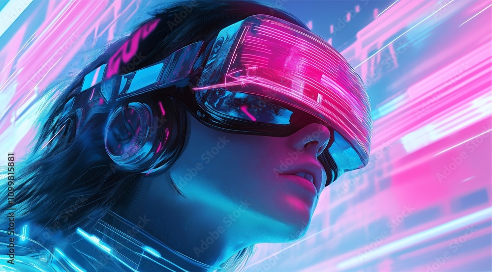 Poster girl in hi-tech vr glasses with elements of artificial intelligence. background in a high-tech style