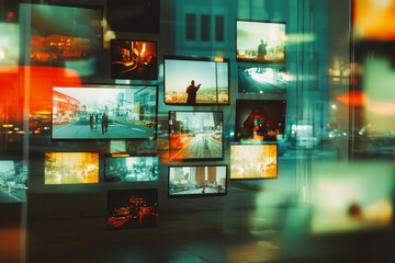Wall of multiple television screens displaying various images. Digital media concept