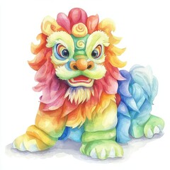 Obraz premium Lunar New Year Watercolor Clipart. A lion dance costume with vibrant colors clipart, festive tradition, watercolor style, isolated on white background