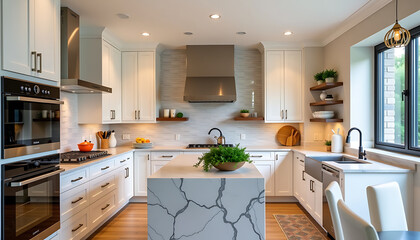 Modern white kitchen island gray marble countertop stainless steel appliances home design serenity 