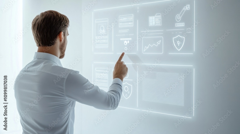 Poster businessman pointing to a digital panel displaying quality control icons like a checklist and a shie