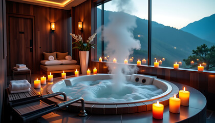 Luxury spa jacuzzi relaxation  warm orange candlelight, cool blue water  Serene evening escape 