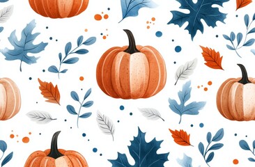 Pumpkin pattern in orange and blue watercolor