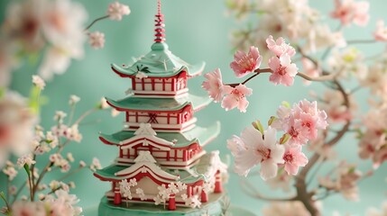 pagoda cake with cherry blossoms and temple designs on green background