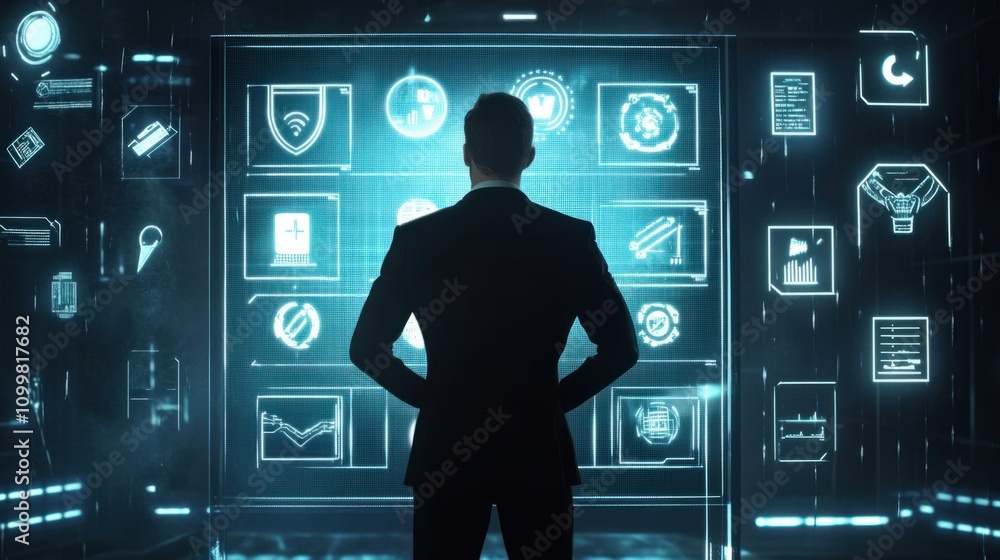 Poster businessman standing in front of a glowing screen with icons representing quality control like verif