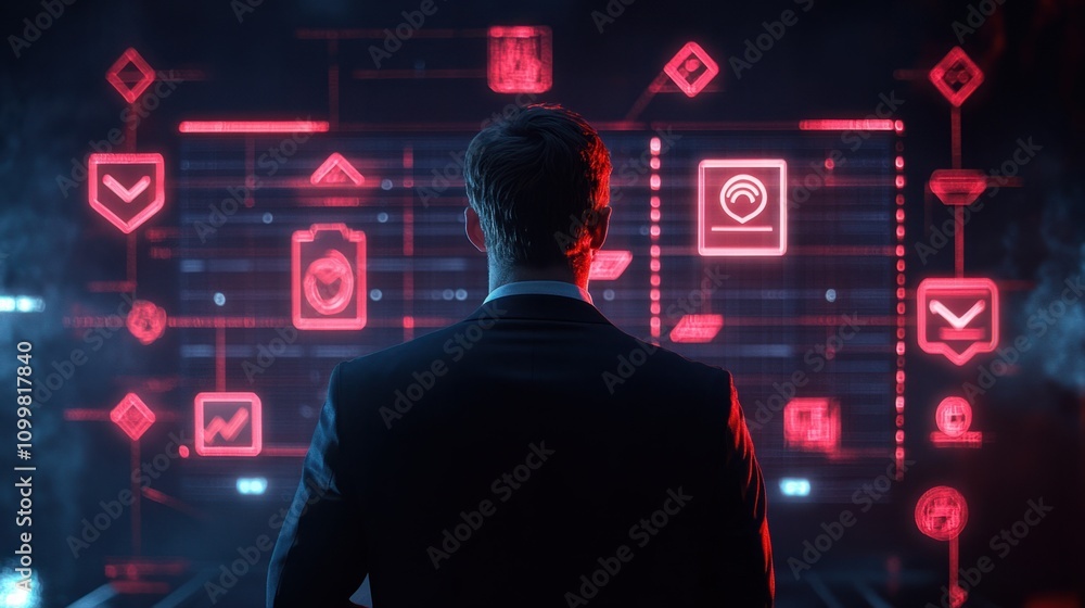 Aufkleber businessman standing in front of a glowing screen with icons representing quality control like verif