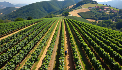 Aerial view vineyard green rows tan paths summer harvest tranquility 