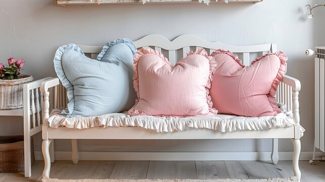 Pastel heart colored pillows with ruffles on a cozy bench