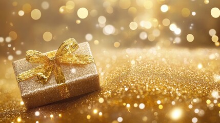 Festive gift wrapped in gold glitter with a ribbon, surrounded by shimmering golden bokeh and sparkling background for celebratory occasions