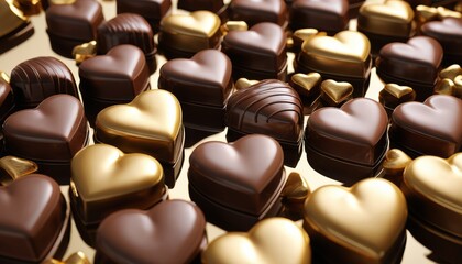 Fototapeta premium Assorted chocolate heart-shaped candies with golden accents on a reflective surface