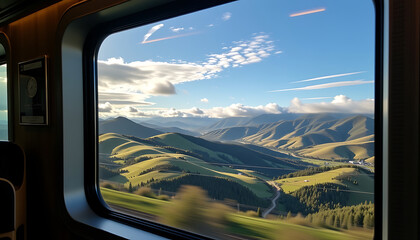 Rolling green hills blue sky train window scenic landscape travel freedom adventure
