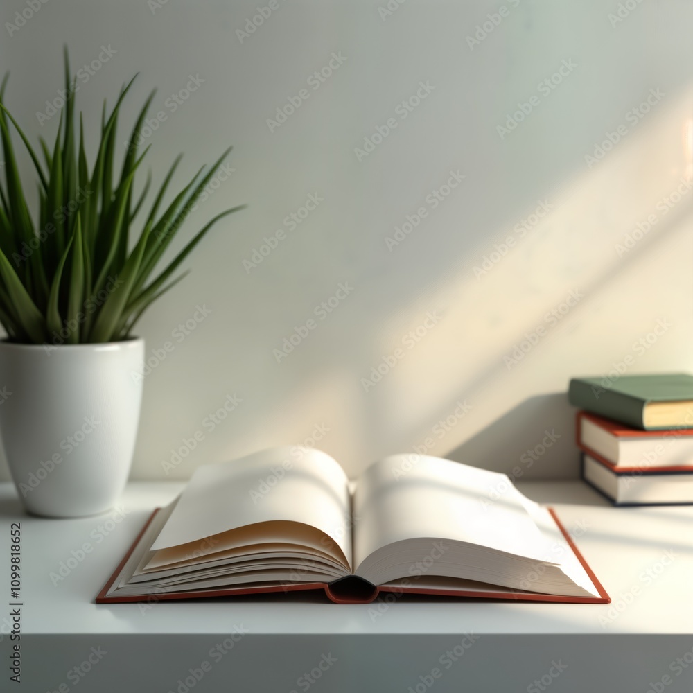 Poster blank open book lies on white table next to plant pot. sunny day. simple presentation of book mockup