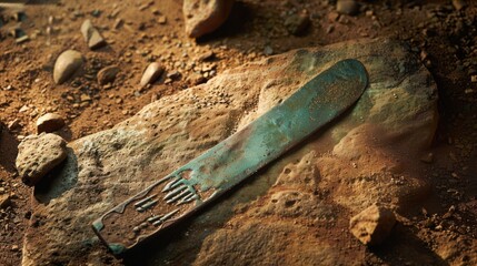 An ancient, engraved metal artifact rests on a weathered stone amidst scattered tools and relics, hinting at a rich archaeological discovery from a lost civilization.