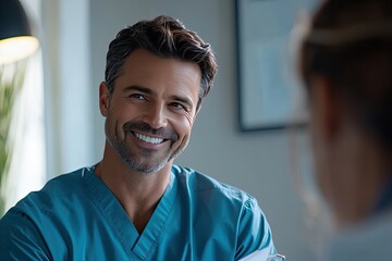 Fototapeta premium Close-up of a handsome male doctor wearing blue scrubs, smiling while showing medical notes to a patient in his office